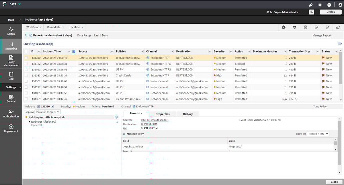 Forcepoint DLP interface.
