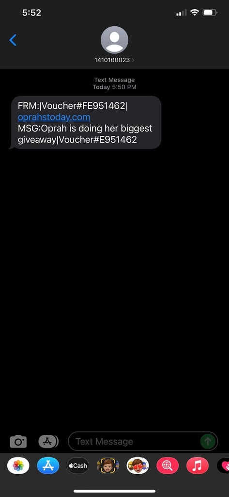 Screenshot of SMS text coming from suspected hacker disguised as Oprah.